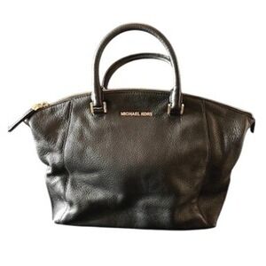 MICHAEL KORS Black Pebbled Leather Satchel Handbag Gold Tone‎ Hardware